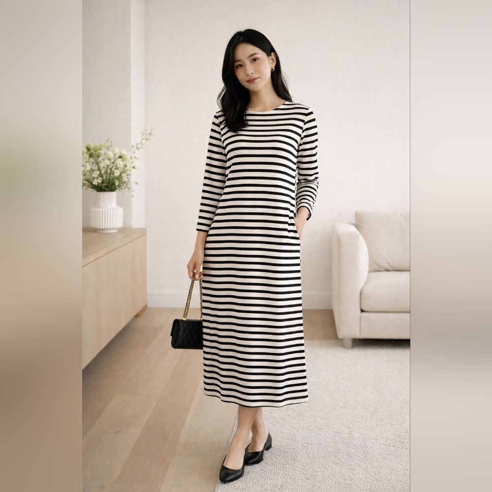 J.Crew Black & White Stripe Long Sleeve Midi Dress | Size 12 Cotton Preppy